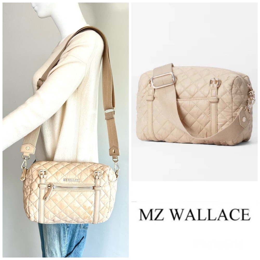 MZ WALLACE Crosby Barrel Beige Nylon Leather Trim Lightweight Shoulder Bag